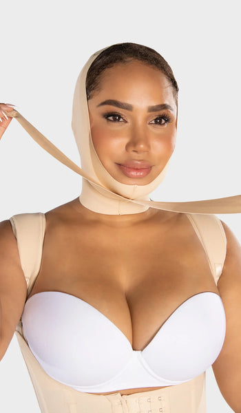 MyD 0811 - Mentonera de Tres Bandas para Mujer | Faja Facial de Compresión Ajustable para Mentón y Papada | Postoperatoria