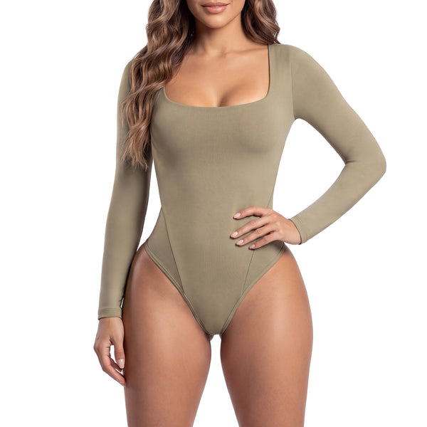 Salome 5503 Oak Line Square-Neck Long-Sleeve Thong Bodysuit | Medium Compression