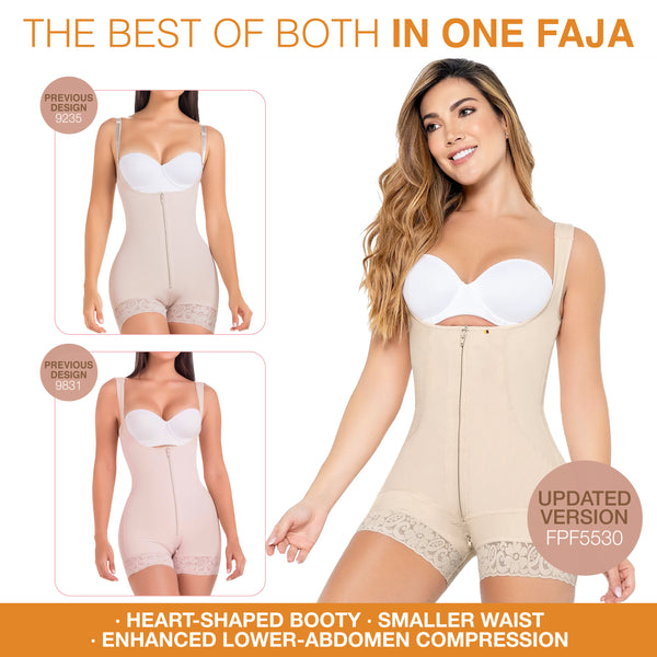 MARIAE FPF5530 Faja Colombiana Postpartum & Daily Use Shapewear Bodysuit front Zipper Open Bust Mid Thigh | 9831 | 9235