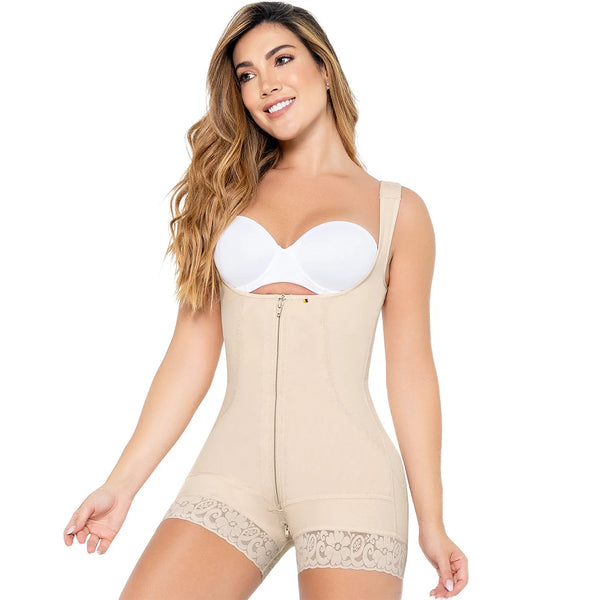 MARIAE FPF5530 Faja Colombiana Postpartum & Daily Use Shapewear Bodysuit front Zipper Open Bust Mid Thigh | 9831 | 9235