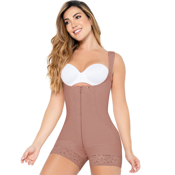 MARIAE FPF5530 Faja Colombiana Postpartum & Daily Use Shapewear Bodysuit front Zipper Open Bust Mid Thigh | 9831 | 9235