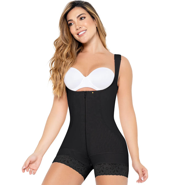 MARIAE FPF5530 Faja Colombiana Postpartum & Daily Use Shapewear Bodysuit front Zipper Open Bust Mid Thigh | 9831 | 9235