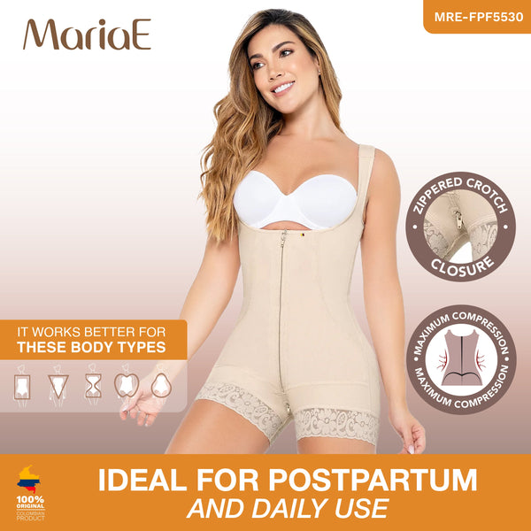 MARIAE FPF5530 Faja Colombiana Postpartum & Daily Use Shapewear Bodysuit front Zipper Open Bust Mid Thigh | 9831 | 9235