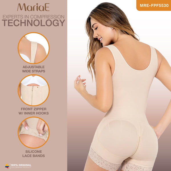 MARIAE FPF5530 Faja Colombiana Postpartum & Daily Use Shapewear Bodysuit front Zipper Open Bust Mid Thigh | 9831 | 9235