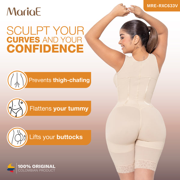 MARIAE RXC633V Fajas Colombianas Tummy Control Shapewear Bodysuit Mid Thigh Body Shaper with Built-in Bra | RA001