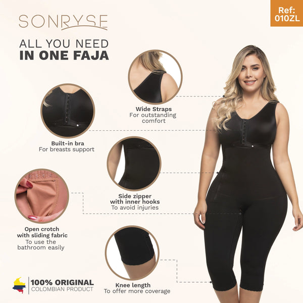 SONRYSE 010 | Colombian Shapewear Knee Lenght with Built-in bra & High Back | Post Surgery and Postpartum Use | Powernet