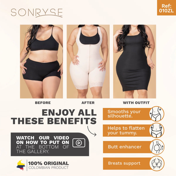 SONRYSE 010 | Colombian Shapewear Knee Lenght with Built-in bra & High Back | Post Surgery and Postpartum Use | Powernet