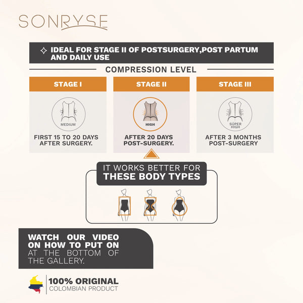 SONRYSE 010 | Colombian Shapewear Knee Lenght with Built-in bra & High Back | Post Surgery and Postpartum Use | Powernet