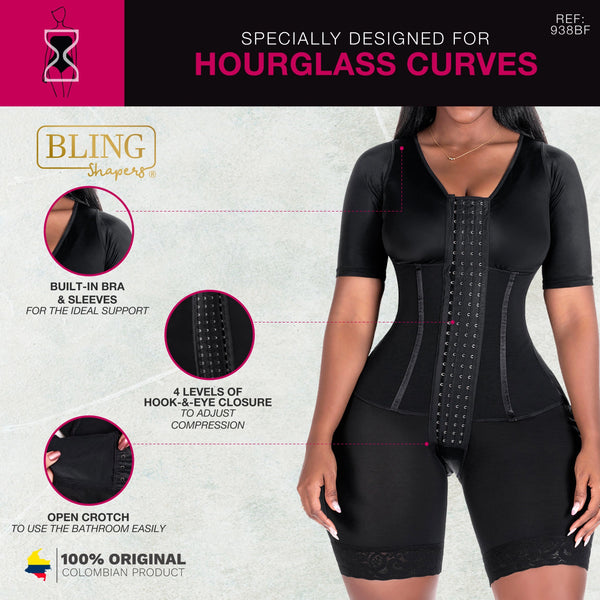 Bling Shapers 938BF | Colombian Compression Garment for Women | Post Surgery Use | With Sleeves and Built-in Bra | Powernet