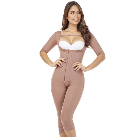 Fajas MariaE FQ114 | Post Surgery Colombian Shapewear with Sleeves | Knee Length Bodysuit Lipo Compression Body Shaper | Powernet