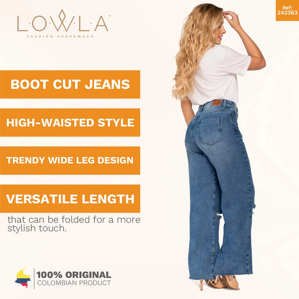 Lowla 212395 | High Rise Wide Leg Distressed Denim Jeans Full Length