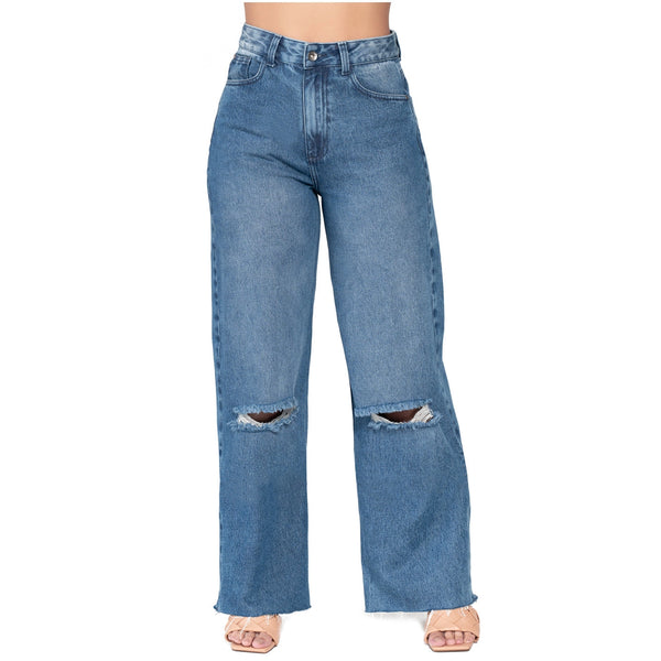 Lowla 212395 | High Rise Wide Leg Distressed Denim Jeans Full Length