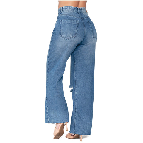 Lowla 212395 | High Rise Wide Leg Distressed Denim Jeans Full Length