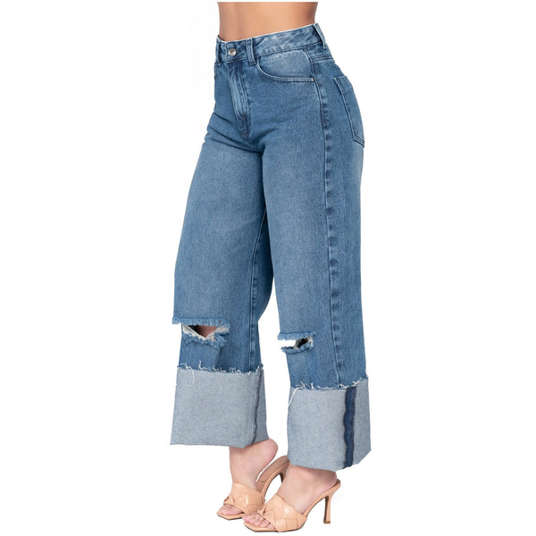 Lowla 212395 | High Rise Wide Leg Distressed Denim Jeans Full Length