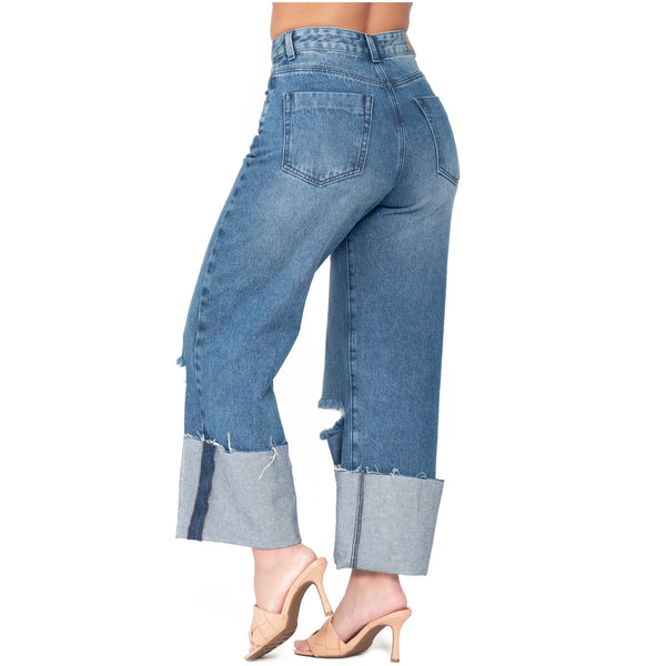 Lowla 212395 | High Rise Wide Leg Distressed Denim Jeans Full Length