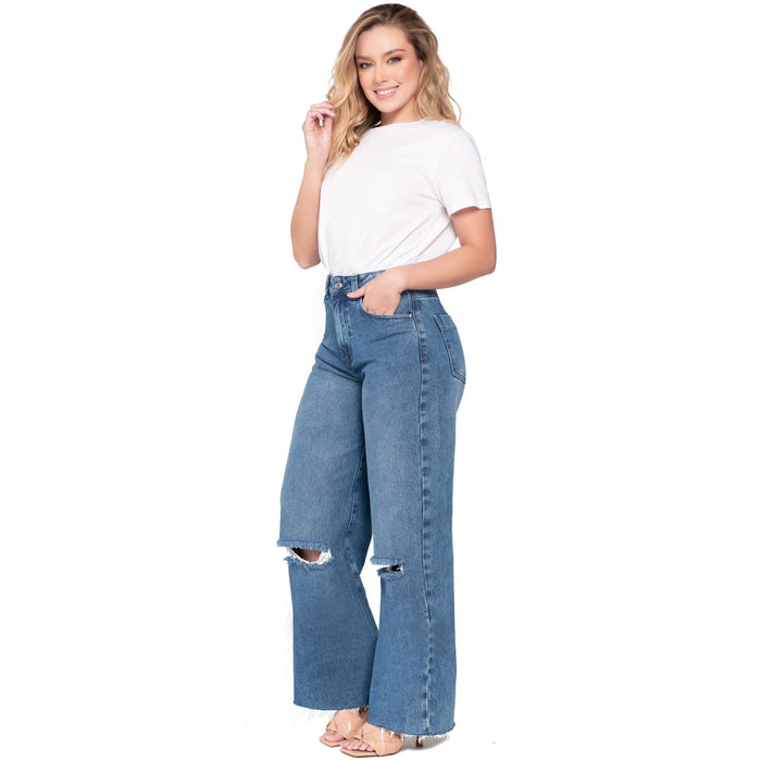 Lowla 212395 | High Rise Wide Leg Distressed Denim Jeans Full Length
