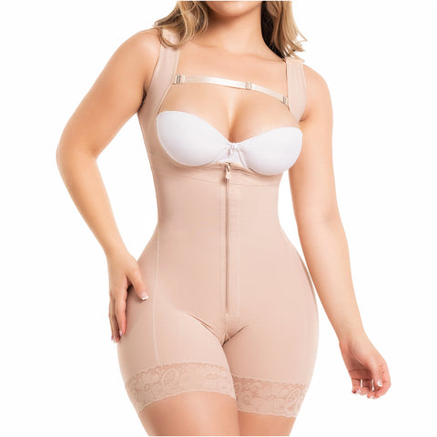 Fajas Salome 0217 | Mid Thigh Firm Compression Full Body Shaper for Women | Butt Lifter Open Bust Postpartum Bodysuit | Powernet
