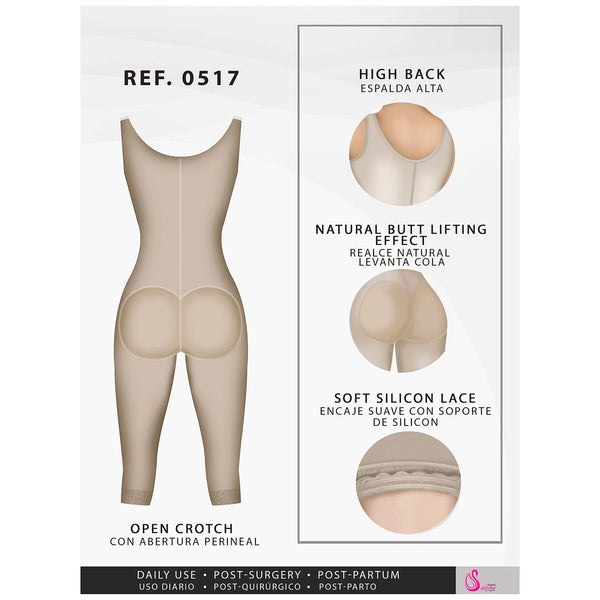 Fajas Salome 0517 | Post Surgery Stage 1 Butt Lifter Full Bodysuit | Open Bust Knee Length Body Shaper for Women | Powernet - Pal Negocio