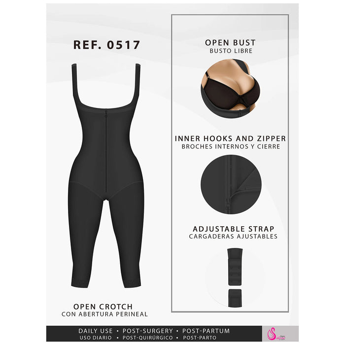 Fajas Salome 0517 | Post Surgery Stage 1 Butt Lifter Full Bodysuit | Open Bust Knee Length Body Shaper for Women | Powernet - Pal Negocio