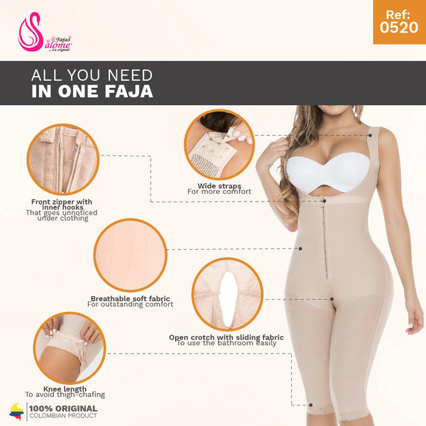 Fajas Salome 0520 | Open Bust Post Surgery Full Body Shaper for Women | Butt Lifter Knee Length Bodysuit | Powernet