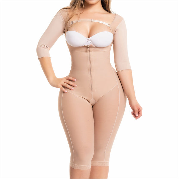 Fajas Salome 0525 | Post Surgery Bodysuit Full Body Shaper for Women | Tummy Control Butt Lifter Knee Length Shapewear with Sleeves | Powernet