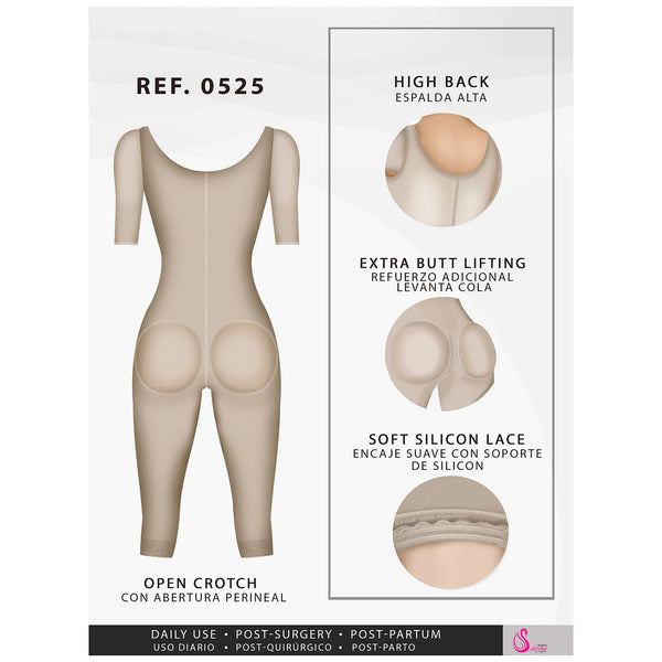 Fajas Salome 0525 | Post Surgery Bodysuit Full Body Shaper for Women | Tummy Control Butt Lifter Knee Length Shapewear with Sleeves | Powernet  - Pal Negocio