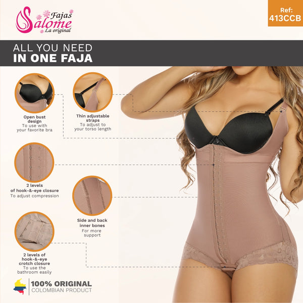 Salome 413-CCB | Faja Colombiana Tummy Control Girdle with Hooks Bodysuit | Powernet