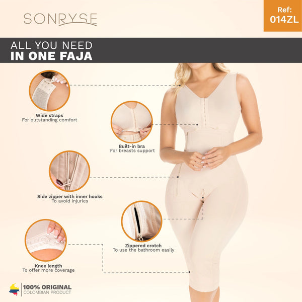 SONRYSE 014ZL | Colombian Shapewear Knee Length with Built-in bra & High Back | Post Surgery and Postpartum Use