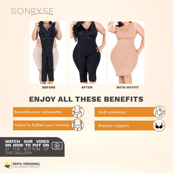 SONRYSE 014ZL | Colombian Shapewear Knee Length with Built-in bra & High Back | Post Surgery and Postpartum Use