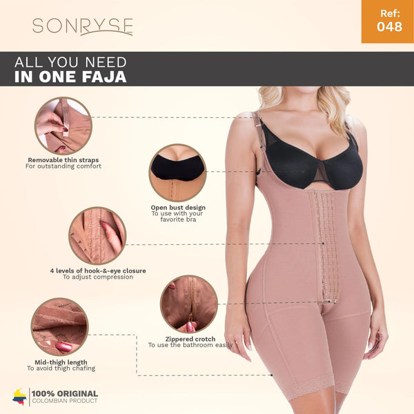 SONRYSE 048BF | Fajas Colombianas Post Surgery Open Bust Shapewear Compression Garment | Postpartum Mid Thigh Girdle | Powernet