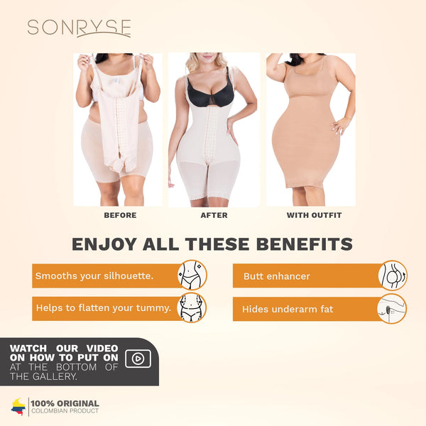 SONRYSE 048BF | Fajas Colombianas Post Surgery Open Bust Shapewear Compression Garment | Postpartum Mid Thigh Girdle | Powernet