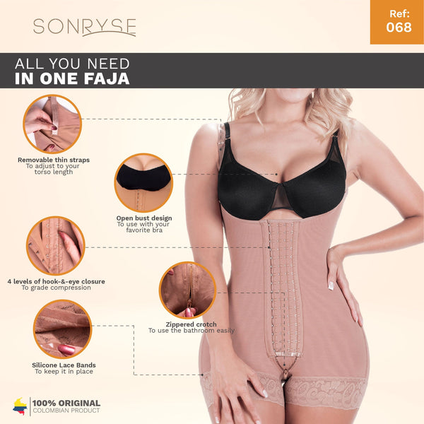 SONRYSE 068BF | Fajas Colombianas Postpartum & Post Surgery Tummy Tuck Lipo Compression Garment Open Bust Short Shapewear Bodysuit | Powernet