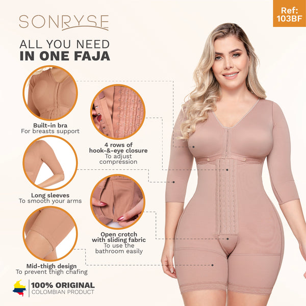 SONRYSE 103BF | Shapewear After Surgery for Women with Built-In Bra | Mid thigh Girdle with Sleeves | Powernet