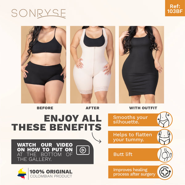 SONRYSE 103BF | Shapewear After Surgery for Women with Built-In Bra | Mid thigh Girdle with Sleeves | Powernet